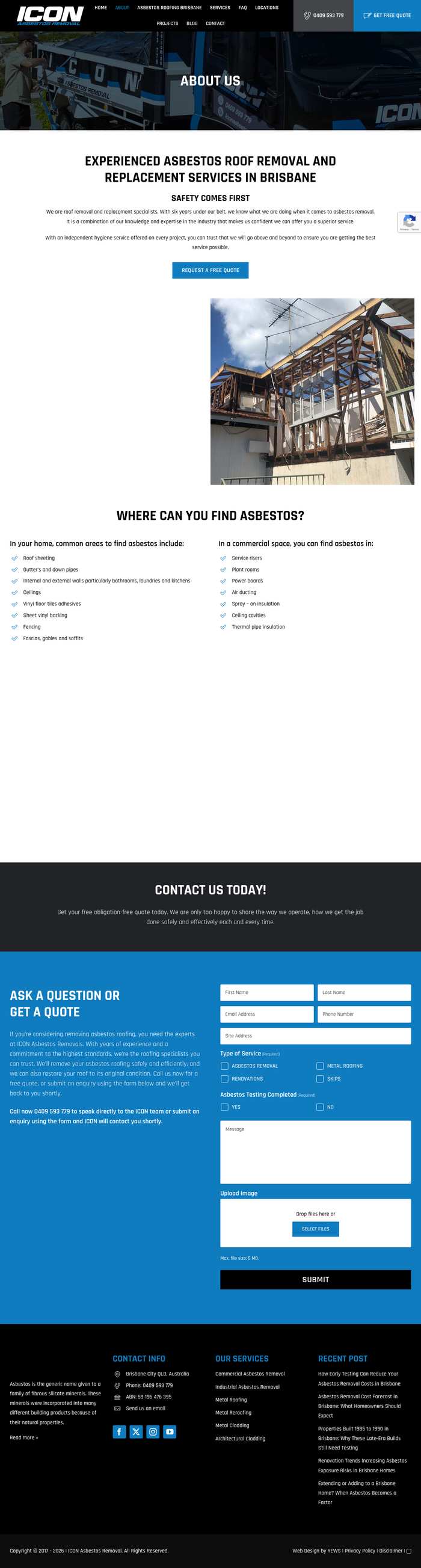 ICON About Us page — custom content, real demolition photos, educational section