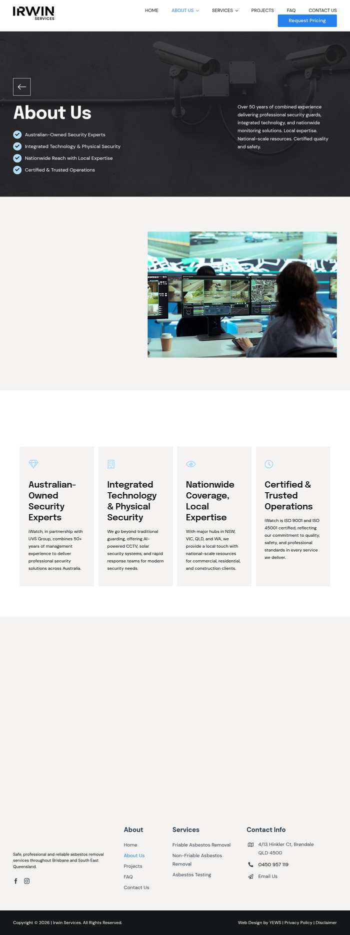 YEWS About Us page showing iWatch Secure Vision security company content