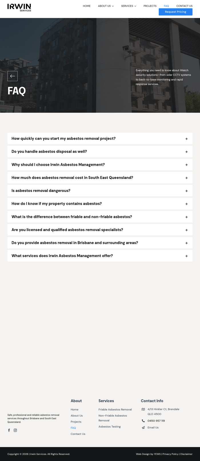 YEWS FAQ page with iWatch security hero and old business name references