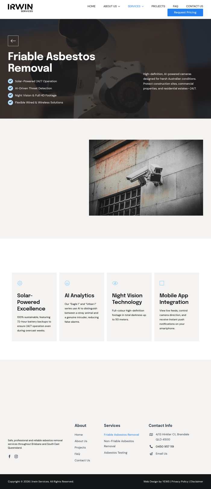 YEWS Friable Removal page showing solar CCTV camera content