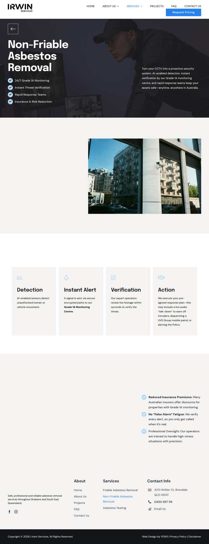 YEWS Non-Friable Removal page showing CCTV monitoring content