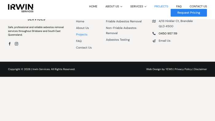 YEWS Projects page — empty, only header and footer